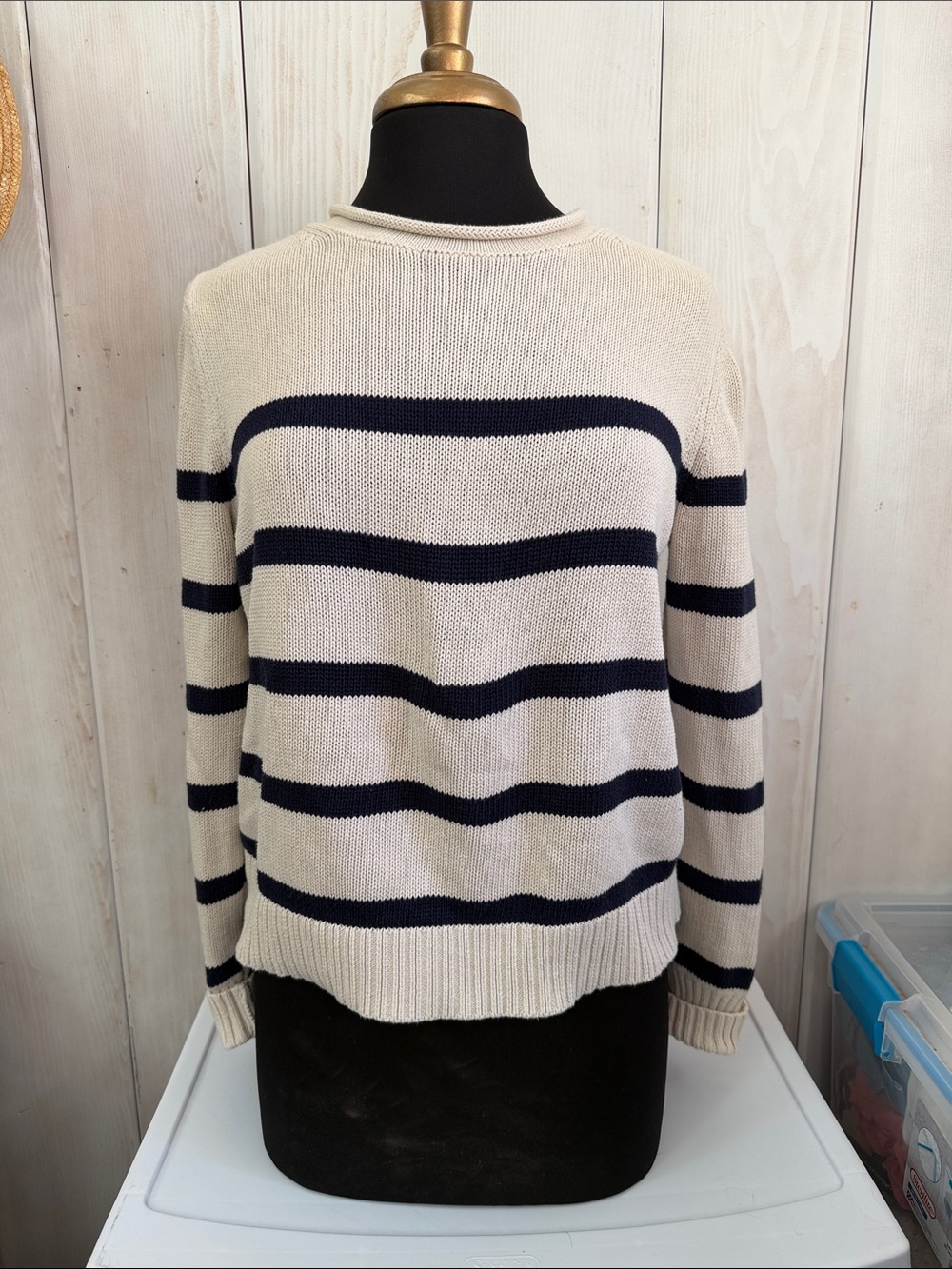 GAP Cream and Navy Striped Crewneck Sweater